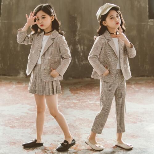 Teenage Girls Clothing Set Girls Plaid Suits Double Breasted Blazer and Skirt Suit Jackets Pants School Tracksuit Kids Clothes