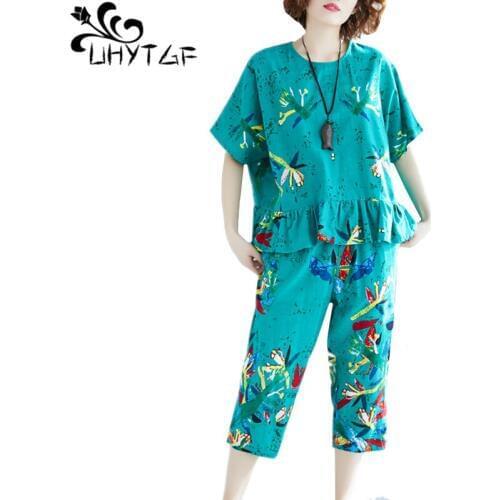 UHYTGF female summer suit Cotton and linen printed 2 piece set women Oversized ruffled t-shirt top+pants tracksuit sets women123