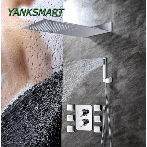 YANKAMART Shower Faucets Set Rainfall Shower 6pcs Massage Spa Jets 3-way Digital Display Mixer Tap Bathroom Shower