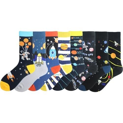 Big Size Combed Cotton Socks Men Creative Planet Alien Series Funny Socks New Design Skateboard Socks Hip Hop Calcetines Hombre