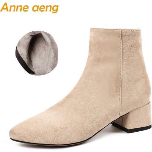 2018 New Winter Women Ankle Boots 5CM Middle Square Heel Zip Pointed Toe Sexy Ladies Women Shoes Beige Snow Boots Big Size 33-44