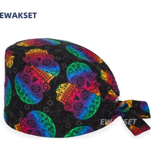 2021 New Skull printing medical surgical cap nurse hair care Baotou scrub cap beauty salon nursing cap for women men