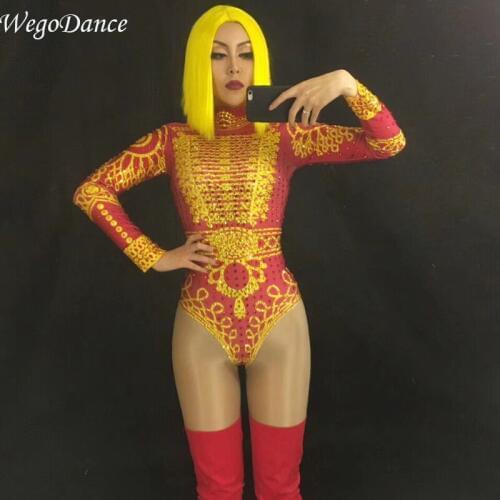 New Bling Diamonds Sexy Sparkling Crystals Red Jumpsuit Celebrate Nightclub Singer Performance Stage Wear Costume