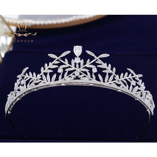 Bavoen Elegant Prom Leaves Zircon Tiara Brides Headbands Silver Plated Crystal Evening Hair Accessories Wedding Hair Jewelry