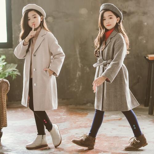 Autumn Winter Thick Girls Wool Coat Casual Loose Teen Girls Outerwear Clothes with Belt Single Breasted Kids Woolen Coat 24M-10T