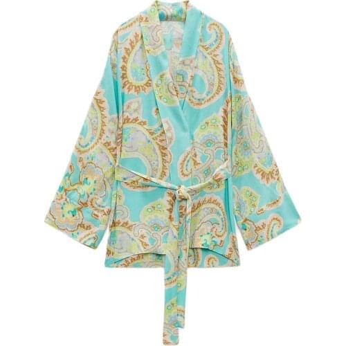 DiYiG WOMAN 2021 summer new womens V-neck bow belt loose printed double-breasted long sleeve shirt