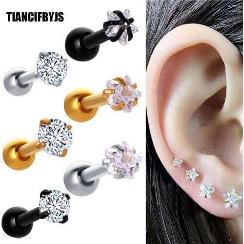 TIANCIFBYJS 1.2x6x3mm 16G Gold Titanium Anodized Star Round Prong Top Gem Labret lip piercing Zircon labret ring Tragus Earring