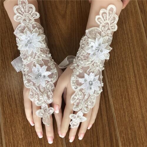 Bridal Gloves Wedding Off-White Womens Fingerless Hollow Embroidered Beaded Lace Gloves