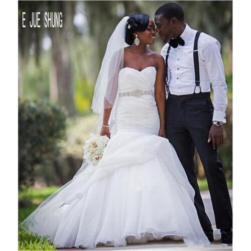 E JUE SHUNG African Wedding Dresses Backless Sweetheart Neck Crystal Sash Mermaid Bridal Dresses Trumpet Wedding Gowns For Bride
