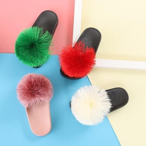 2019 Girls Hair Ball Solid PU Leather Slipper, Kids Daily Anti-slip Household Summer shoes , pink, red, green, white