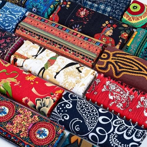 Ethnic Cotton Fabric Printed Retro Cotton Linen Clothing Cloth For DIY Tablecloth Patchwork Material
