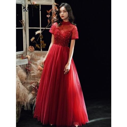 Vintage Wine Red Evening Dresses Long Elegant A-line Floor-length Luxury Handmade Sequin Beads Prom Gowns 2021