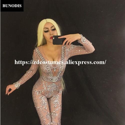 ZD105 2018 Women Sexy Jumpsuit Full Sparkling Crystals Stones Sexy Bodusuit Nightclub Party Performance Stage Costume