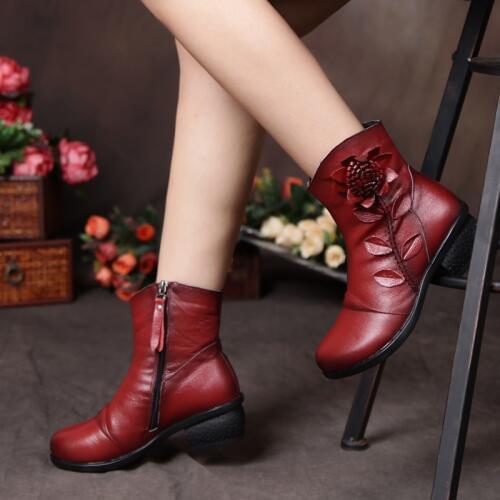 Dropshipping Winter New Fashion Women Shoes Woman Flower Genuine Leather Ankle Boots Female Casual Soft Platform Vintage Boots