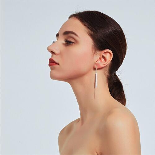 CRLEY New Gold Color Long Drop Simulated-pearl Tassel Dangle Earrings Women Wedding Drop Earing Fashion Sparkling Jewelry