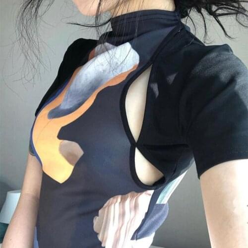 2021 Summer New Hot Outfits Women Mock Neck Top, Fashion Casual Short Sleeve Portrait Graphic Cutout Slim Fit T-Shirts