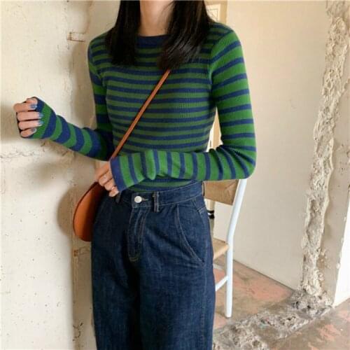 Women Green Stripped Sweater Ribbed Jumper Fitted Long Sleeve Pullover Kawaii Clothes Chic Knitted Green and Blue Stripe Sweater