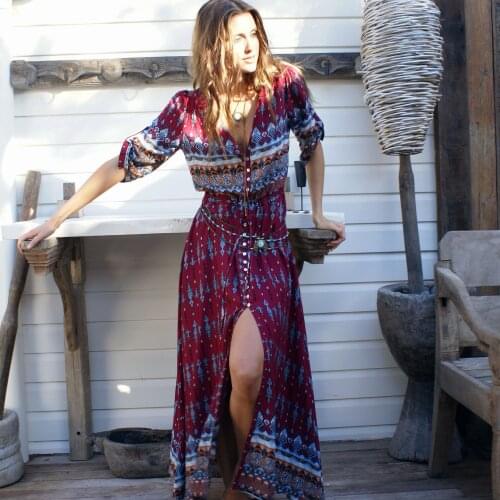 2020 Bohemia Style Women V-neck Floral Print Ethnic Autumn Beach Boho Party Long Dress Retro Hippie Boho Evening Dress
