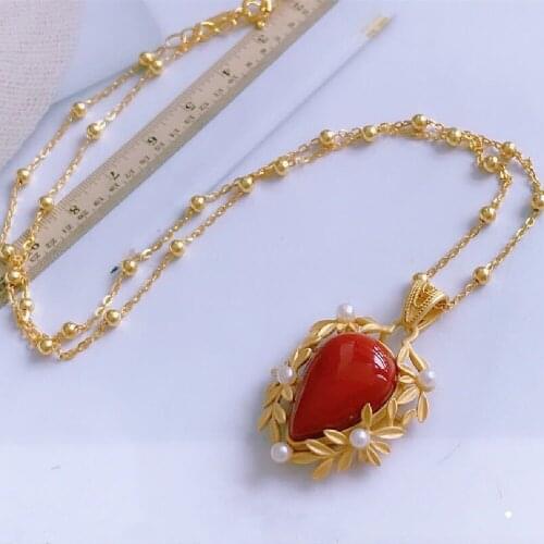 Natural South Red Agate French Retro Pendant Necklace South Red Agate S925 Sterling Silver Inlaid Female Jewelry