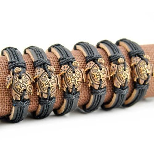 12PCS Hand Carved Imitation Bone Frog Sun Smile Surfer Turtles Leather Bracelets Bangle Gift MB105