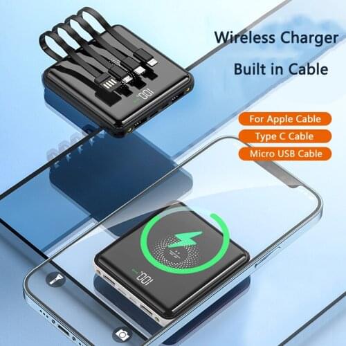 15W Fast Qi Wireless Charger Power Bank 20000mAh Mini Powerbank Built in Cable for iPhone 12 Pro 11 Samsung S21 Xiaomi Poverbank