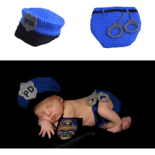 2Pcs/Set Newborn Baby Police Costume Crochet Infant Hats Boys Police Baby Photography Props Kids Policeman Hat Diaper Set