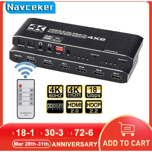 2020 4K@60Hz HDMI Matrix 4x2 Switch Splitter Support HDCP 2.2 IR Remote Control HDMI Switch 4x2 Spdif 4K HDMI 4x2 Matrix Switch
