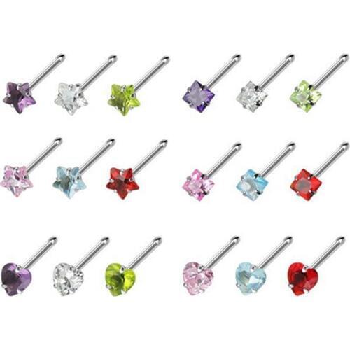 6pieces Assorted Colors CZ Crystal Nose Bone Stud Piercing Nose Ring Jewelry Dimple End