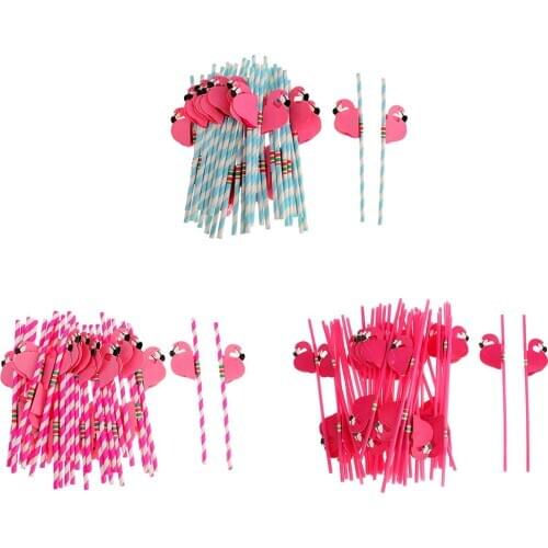 75 Pieces Tiki Party Flamingo Plastic Straws Hawaiian Luau Barware Beach Party Accessory - Blue, Red and Pink