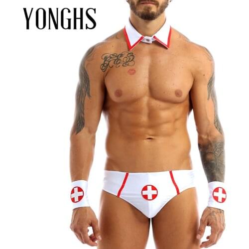 Nurse Lingerie Sexy Cosplay Costume for Mens Erotic Doctor Nurse Uniform Sexy Outfit Set Briefs with Collar and Red Cross Cuff