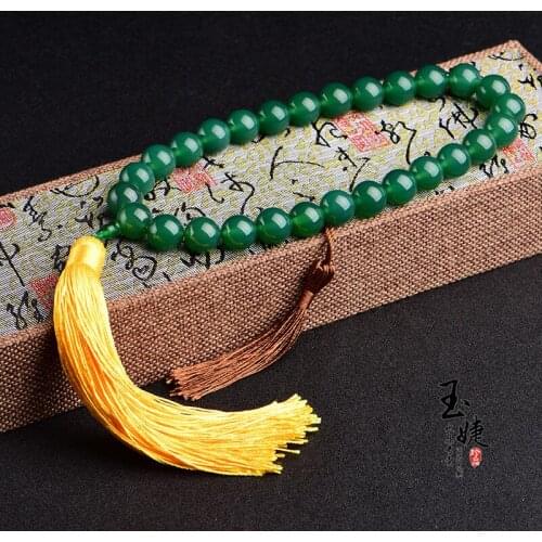 Natural green agate 14mm beads bracelets for women men bracelet with tassel prayer rosaries jade bangle gemstone bracelet