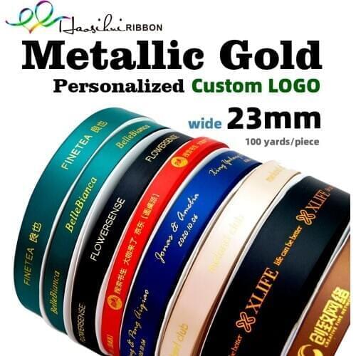 HAOSIHUI 23mm Free Shipping Custom Gift Packing Gold Silver Foil Printed Satin Ribbon with Letter Logo 100 yard/lot