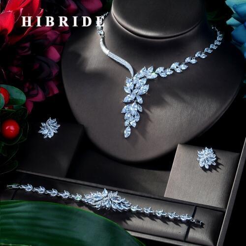 HIBRIDE Luxury Women Jewels Elegant Shape Bridal CZ Necklace Earrings Bracelet Ring 4pcs Big Wedding Jewelry Set for Bride N-166