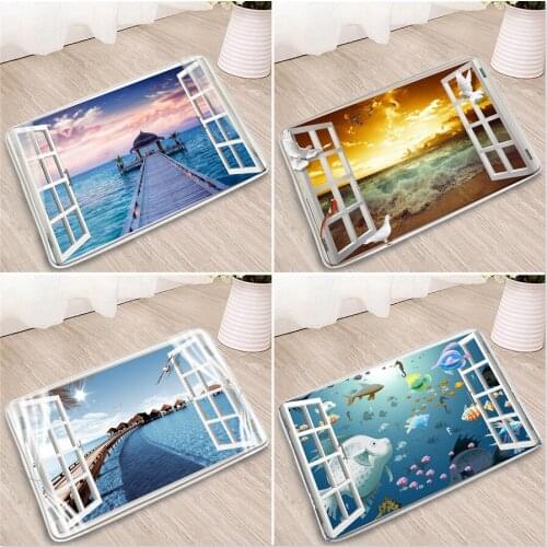 3D Window View Bathroom Mats Marine Life Whale Clown Fish Ocean Palm Tree Fountain Home Bedroom Kitchen Flannel Non-Slip Carpets