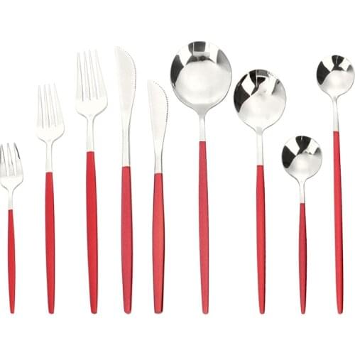 Red Silver Cutlery Set 304 Stainless Steel Knife Dessert Fork Spoon Tableware Kitchen Dinner Travel Suit Dinnerware Set Flatware