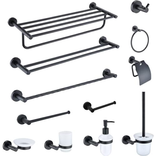 Matte Black Towel Bar Rail Rack Bathroom Hooks Soap Box Dispenser Towel Ring Toilet Brush Paper Holder Bathroom Accessories Set
