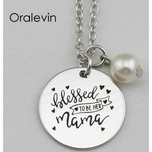 Fashion BLESSED TO BE HER MAMA Inspirational Hand Stamped Engraved Custom Pendant Necklace for Women Jewelry,10Pcs/Lot, #LN2187