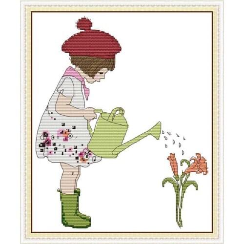 Girl watering flowers counted 11CT 14CT DIY kit Chinese wholesale Chinese Cross Stitch embroidery needlework Sets home decor