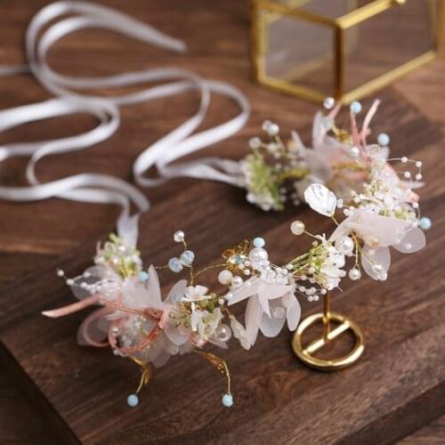 Bride Princess Artificial Flower Garland Head Crown with Adjustable Ribbon Wedding Holiday Hair Wreath Halo Tiara Headband Brace