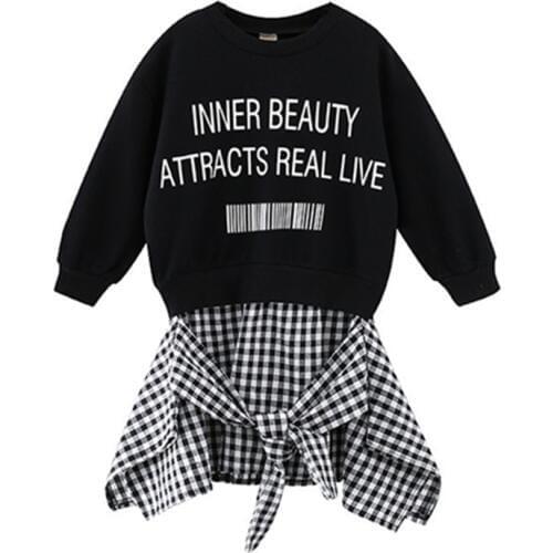 2019 children girls spring dress Kids new fashion fake two pieces letters sweatshirt plaid cotton Dress 3-8 years