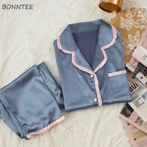 Pajama Sets Women Solid Soft Silk Large Size 5XL Long Sleeve Turn Down Collar Homewear Leisure Thin Ladies Sleepwear Lounge Chic