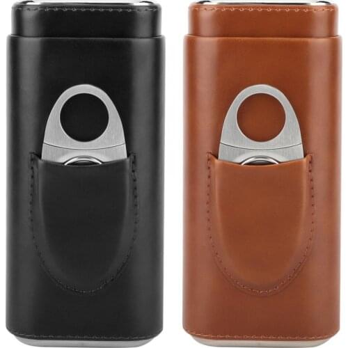 Portable Leather Cigar Case Cedar Wood Lined Cigar Humidor with Cutter (for 3 Cigars) Smokeless Cigarette Accessories