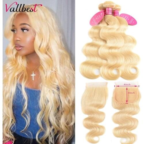 Vallbest 613 Blonde Human Hair Bundles With Closure Remy Hair Malaysian Body Wave Bundles With Closure Transparent Lace Closure