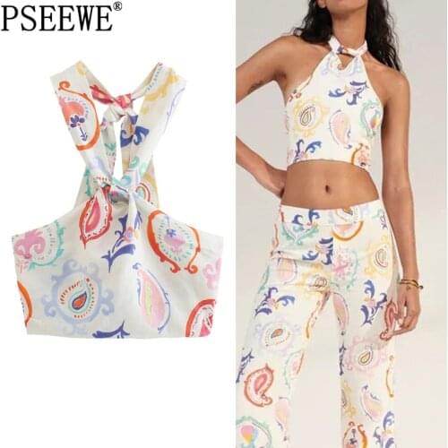 PSEEWE Za White Halter Top Women 2021 Print Crop Top Female Fashion Bow Knot Backless Summer Tops Sleeveless Chic Woman Blouse