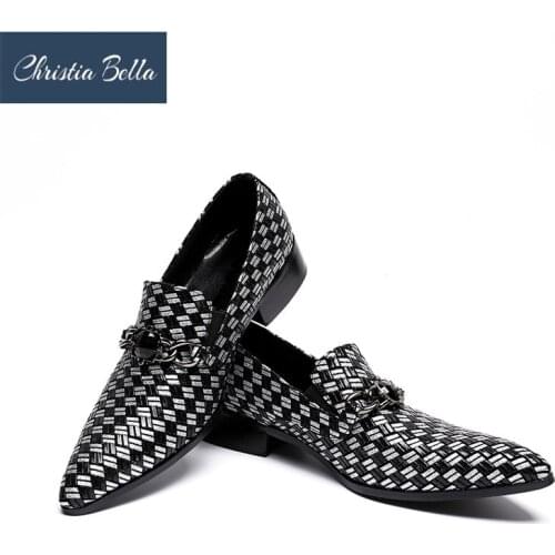 Christia Bella Luxury Pointed Toe Men Dress Shoes Chains Wedding Business Shoes Italian Fashion Genuine Leather Loafers Slippers