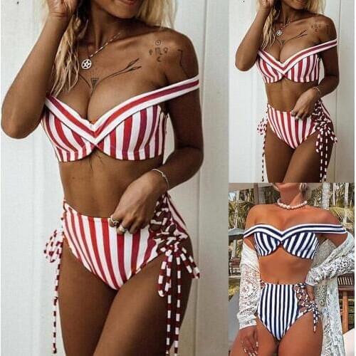 Hot Women Off Shoulder Striped Bandage High Waist Bikini Set Two-piece Swimsuit