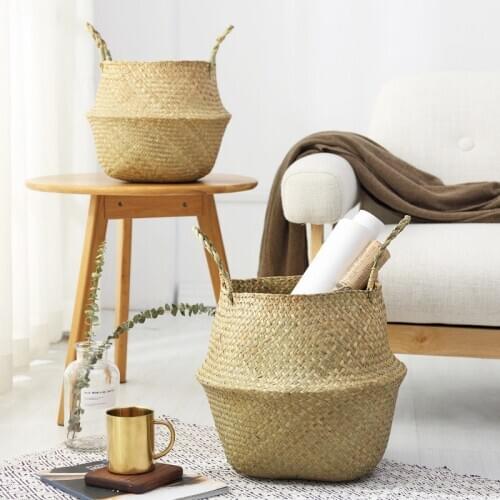 Household Storage Foldable Natural Seagrass Woven Storage Basket Pot Garden Flower Vase Hanging Wicker Basket Bellied Basket