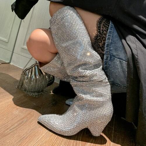 Rhinestone knee womens boots Winter womens boots pointed toe high-heeled fashion boots warm Cowgirl wedges Motorcycle Boots 40