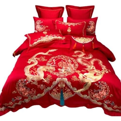 Wedding high-end 100 cotton cotton big red embroidery four-piece dragon and quilt cover wedding bedding