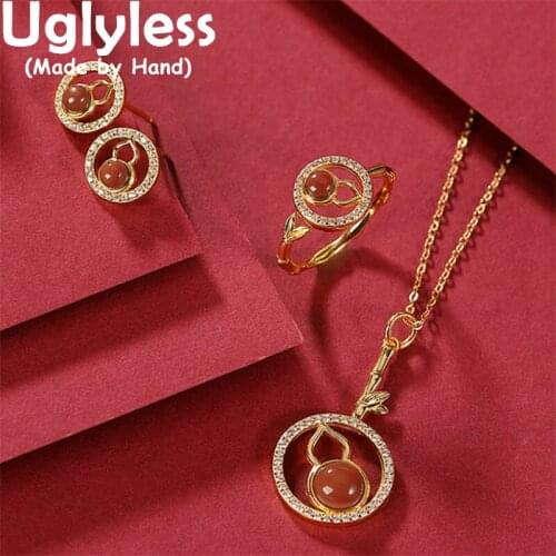 Uglyless China Chic Gourds Jewelry Sets for Women Zircons Agate Red Rope Bracelets Rings Studs Earrings Amber 925 Silver NOChain